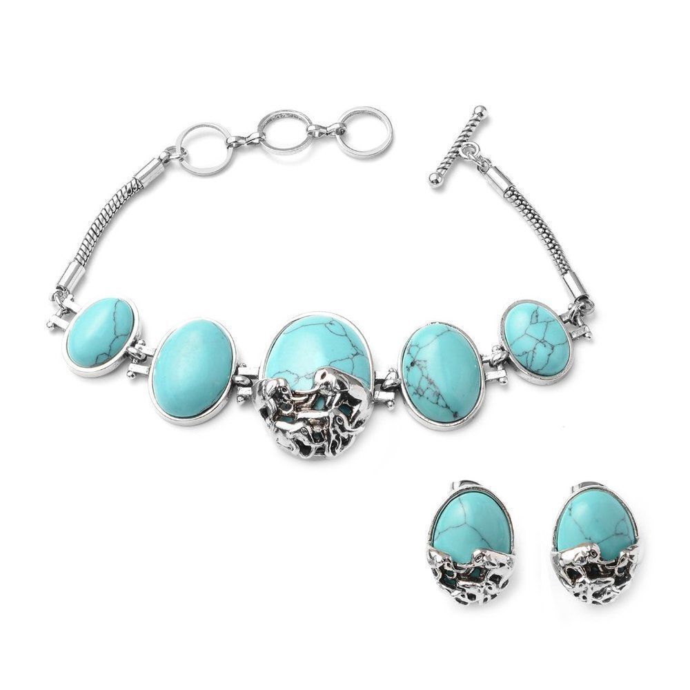 Howlite Elephant Charm Station Bracelet and Earrings Blue